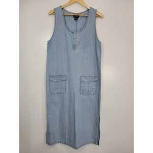 Vtg 90s BLUE J Denim Sleeveless Dress Button Front Pockets Cottagecore Sz M